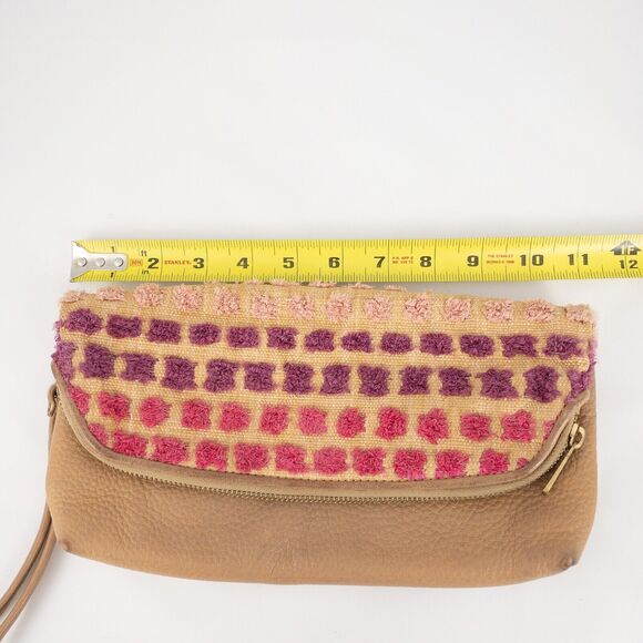 Fossil Purse Preston Leather Straw Fold-Over Pouch with Wristlet Tan Pink Purple - Picture 14 of 16